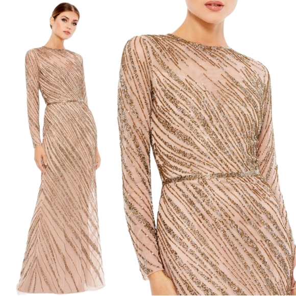 Mac Duggal Dresses & Skirts - Mac Duggal 5240 Womens 16 Mocha Pink Gold Beaded Sequin Column Formal Dress